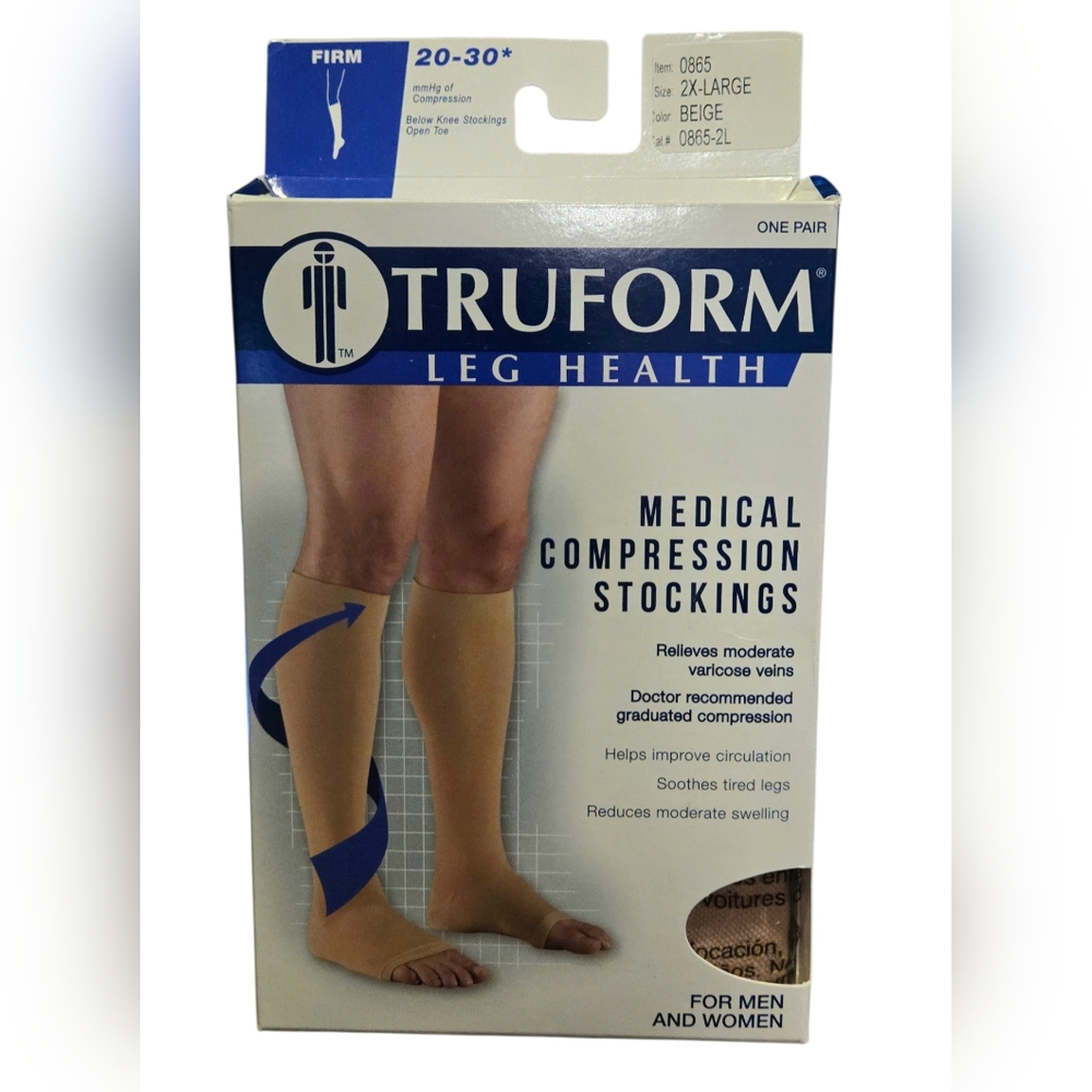 Truform 20-30 Below Knee Compression Stockings Open Toe Beige Sz 2XL 0865-2L NEW